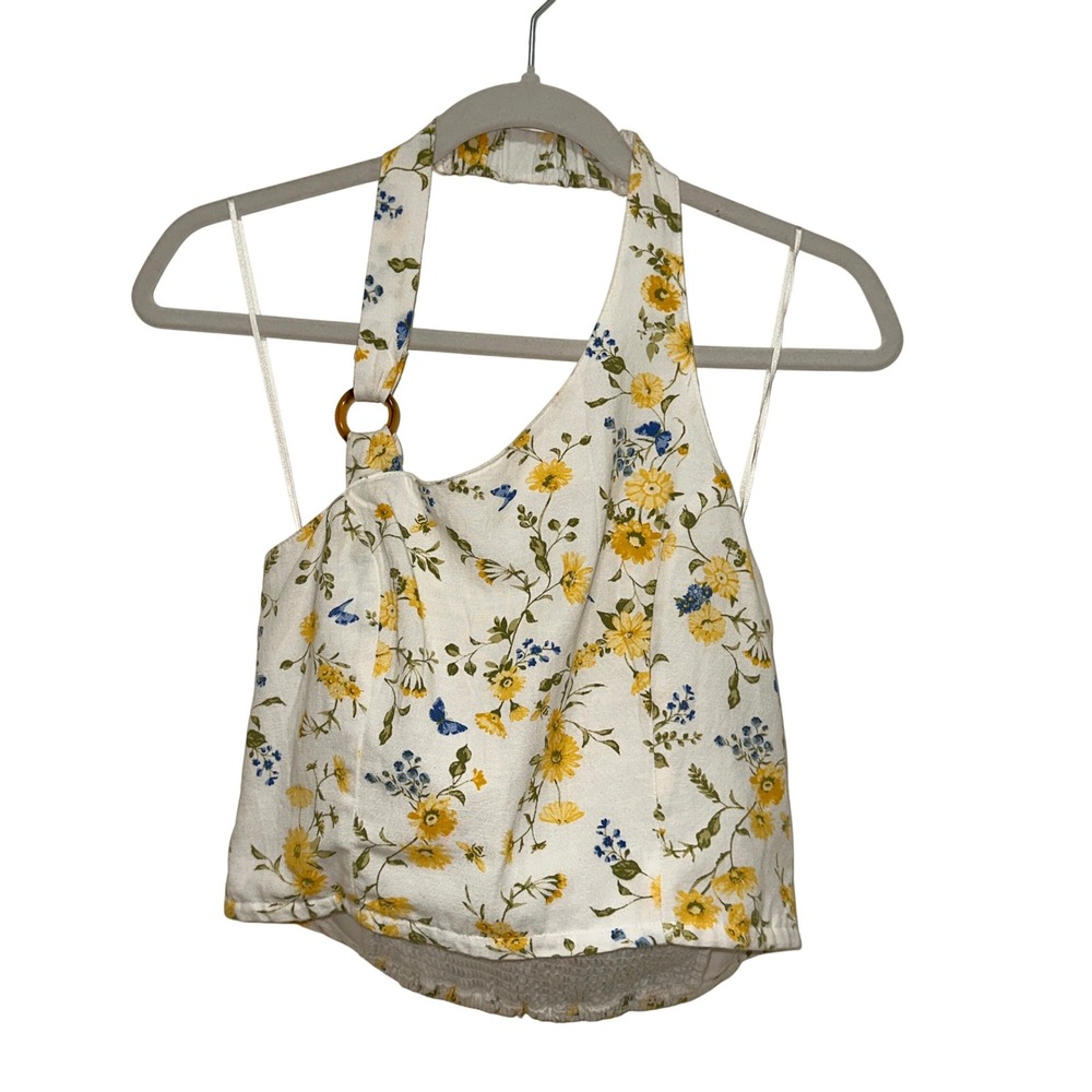 Midnight Sky Halter Top Women Medium White‎ Yellow Excellent Floral Asymmetric